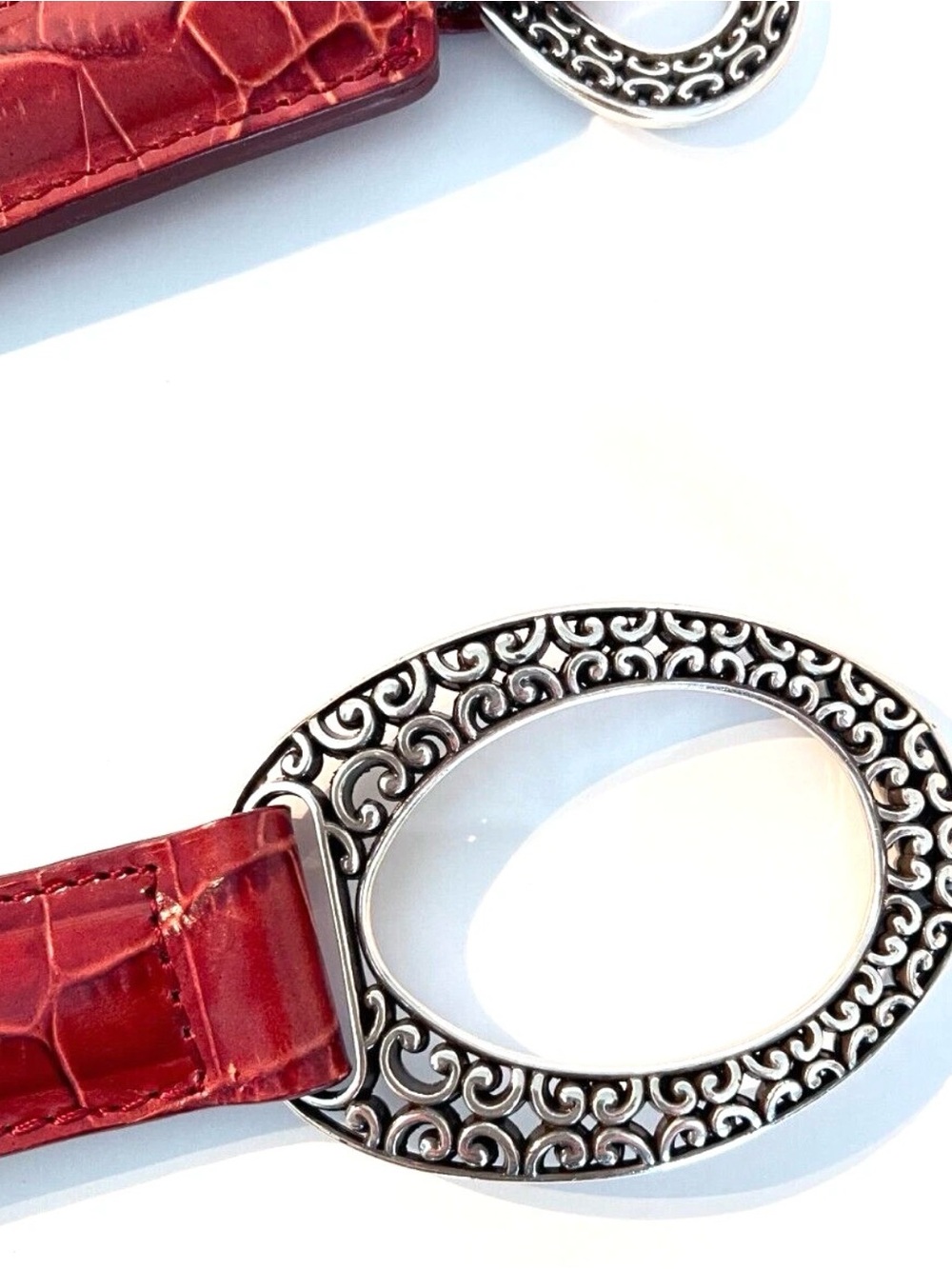 Ladies Brighton Red Leather Silver Rings Clasp Belt Size 32 faux croc - Picture 8 of 11